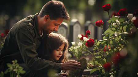 Man and Two Children Viewing Flowers Outdoors in a Gardenの素材