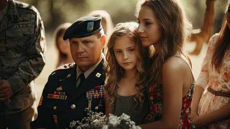 Soldier Standing Next to a Young Girl in Military Uniformの素材