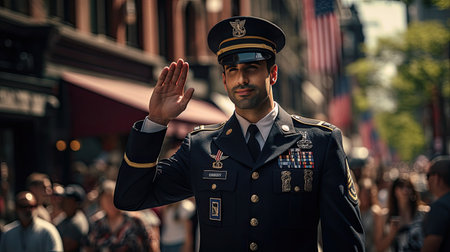 Military Uniformed Man Standing on Street, Direct and Informative Imageの素材