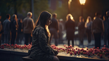 Woman Sitting on Bench in Front of Flowersの素材