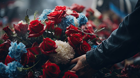 Bouquet of Red, White, and Blue Flowers, Vibrant Patriotic Floral Arrangement for Celebrations and Memorialsの素材