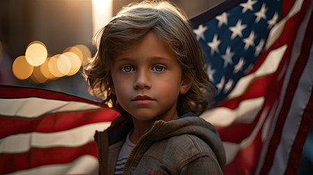 Young Boy Holds American Flag on Streetの素材