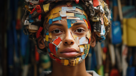 Man With Painted Face and Neck Standing in Front of Treeの素材