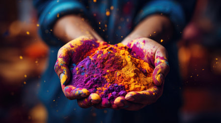 Person Holding Handful of Colored Powder in Their Handsの素材