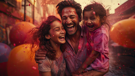 Man and Two Young Girls Playing in the Rainの素材