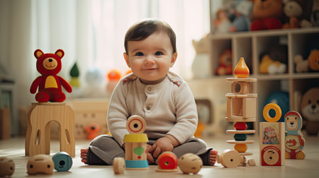 Baby Sitting on Floor Surrounded by Toysの素材