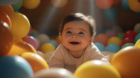 Baby Laying on Ground Surrounded by Colorful Balloonsの素材