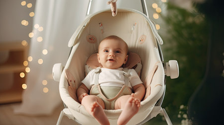 Baby Sitting in Swing Chair, Innocence and Joy in a Safe and Soothing Environmentの素材