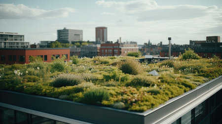 Green Roof on Building in City, Sustainable Urban Architecture for Environmental Benefitsの素材