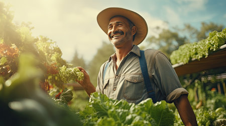 Man Kneeling in Crop Field Harvesting Crops for the Seasonの素材