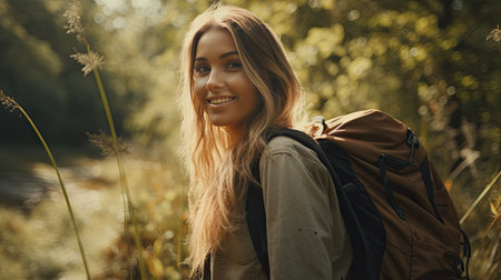 Smiling Woman With Backpack Making Eye Contactの素材