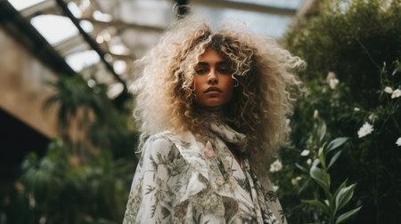 Woman With Curly Hair Standing in Greenhouseの素材