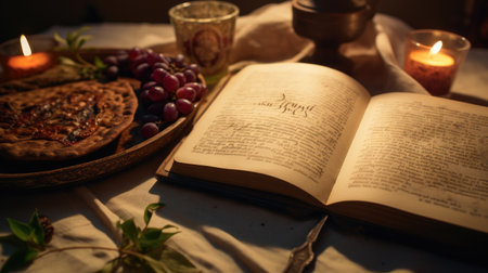 Table With Open Book and Plate of Food, Homey Scene of Reading and Diningの素材