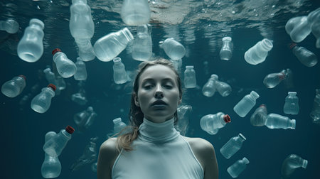 Woman Standing in Front of a Bunch of Water Bottlesの素材