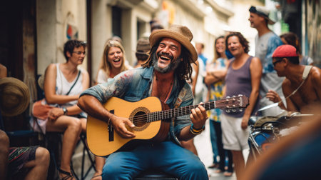 Man Playing Guitar in Front of Group of People, Live Performance at Outdoor Music Festivalの素材