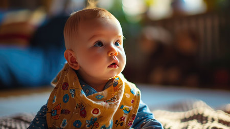 Adorable Baby With Blue Eyes Resting on Soft Blanketの素材