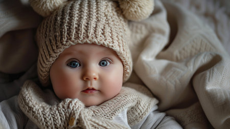 Close Up of Baby Wearing Knitted Hat - Adorable Infant in Cozy Headwearの素材