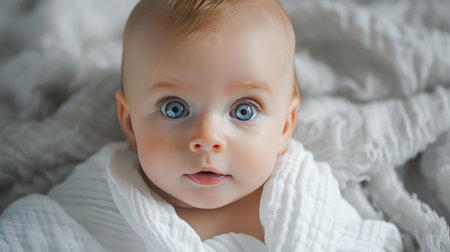 Adorable Baby With Blue Eyes Resting on Soft Blanketの素材