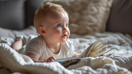 Baby Laying on Bed, Reading Book, Early Love for Books Fosters Early Development.の素材
