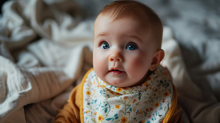 Adorable Baby With Blue Eyes Resting on Soft Blanketの素材