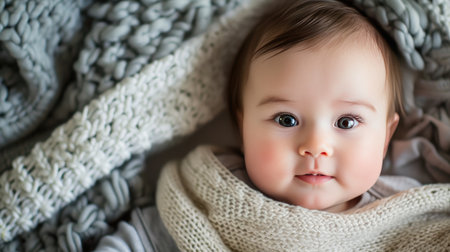 Adorable Baby With Blue Eyes Resting on Soft Blanketの素材