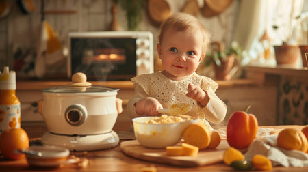 Baby Sitting at Table With Bowl of Food, Learning to Feed Independentlの素材