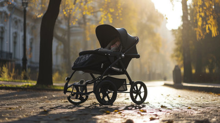 Baby Stroller on Wet Street, A Snapshot of Urban Lifeの素材