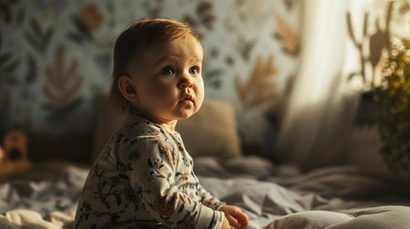 A serene baby peacefully lays on top of a bed, surrounded by pillows for added comfort.の素材