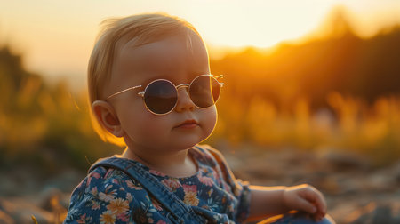 Baby Wearing Sunglasses Gazing Up at Something Cute and Curiousの素材