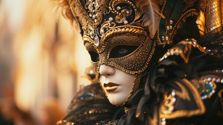 Close-Up of Feathered Mask, Vibrant and Elegant Costume Accessoryの素材
