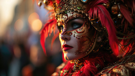 Woman Wearing Colorful Mask and Feathers at Festive Eventの素材