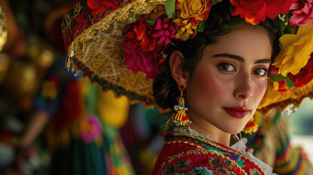 Woman Wearing Colorful Headdress and Earringsの素材