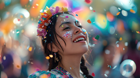 Smiling Woman Covered in Colorful Confetti Celebratingの素材