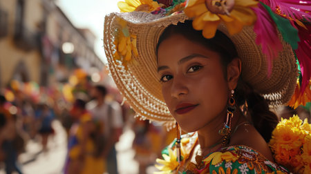 Woman Wearing Large Floral Hat, Fashionable Headwear With Vibrant Flowersの素材