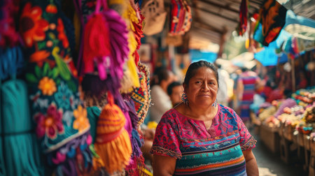 Woman Standing in Front of Colorful Store Filled With Itemsの素材