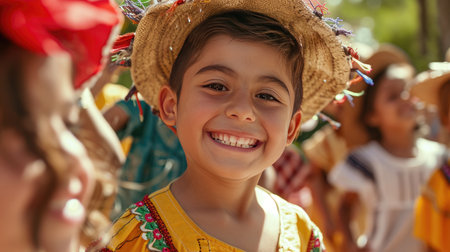Young Girl Wearing Colorful Mexican Hat in a Joyful Display of Ethnic Traditionの素材
