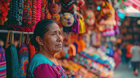 Woman Standing in Front of Colorful Store Filled With Itemsの素材
