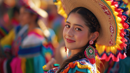 Woman With Colorful Headdress and Flower Adornmentsの素材