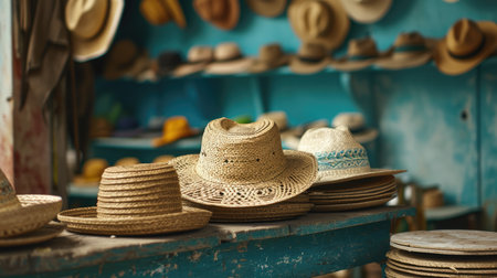 Hat Resting on Wooden Table, Classic Accessory on a Natural Surfaceの素材