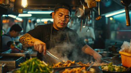 Man Cooking Food on Grill in Restaurantの素材