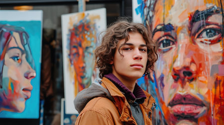 Woman Standing in Front of Womans Face Paintingの素材