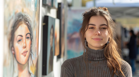 Woman Standing in Front of Womans Face Paintingの素材