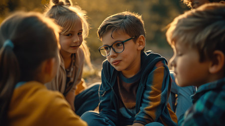 Group of Young Children Sitting Together in Front of Cameraの素材