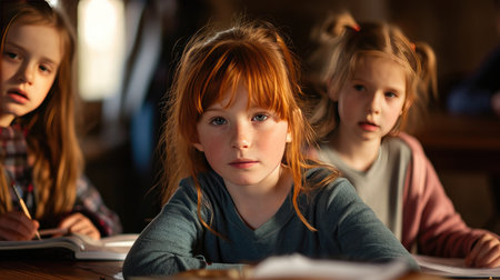 Group of Young Children Sitting at a Table With Booksの素材
