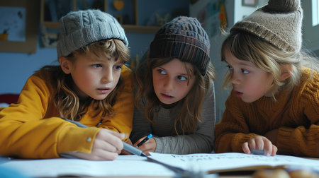 Group of Young Children Sitting at a Table With Booksの素材