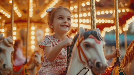 Little Girl Joyfully Riding a Merry Go Round in the Parkの素材