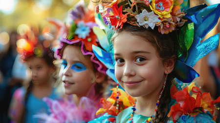 Group of Young Girls Wearing Colorful Costumes at an Eventの素材