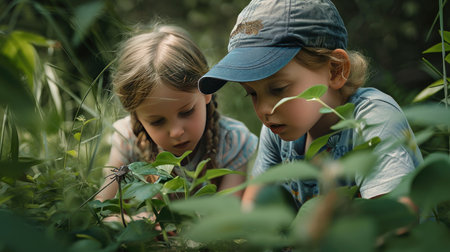 Two Little Girls Gazing in Wonder at an Unseen Marvel of Nature in the Woodsの素材