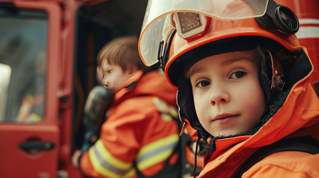 Group of Children Wearing Firefighter Gearの素材