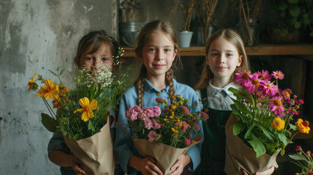 Three Girls Standing Together Holding Flowers in a Group Shotの素材
